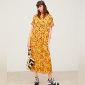 Zara Pleated Yellow Floral Dress Size Small